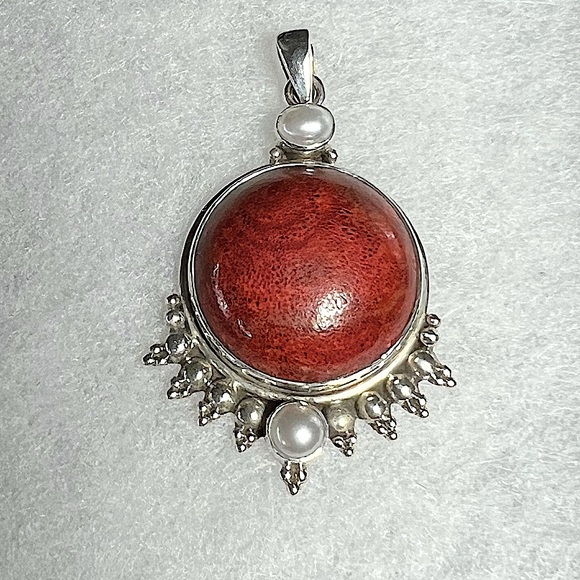 Vintage Red Jasper & Pearl Sterling Silver Pendant - Picture 1 of 4